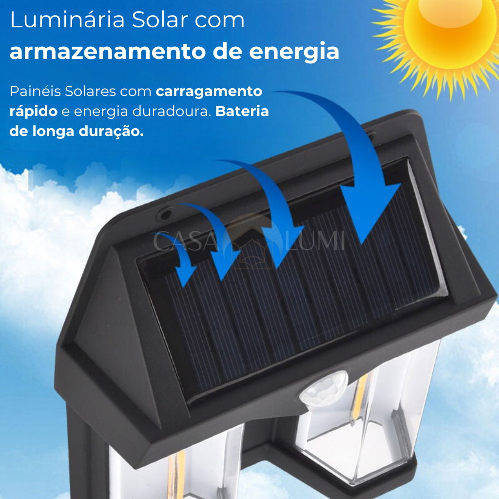 Benefícios de Ter Energia Solar Em Casa A energia solar é gratuita, renovável e sustentável. Além de economizar energia elétrica, a luminária solar permite mais autonomia, proporcionando luz onde não há acesso à rede elétrica. Ideal para áreas externas como jardins, fachadas e entradas, garantindo segurança e estilo.